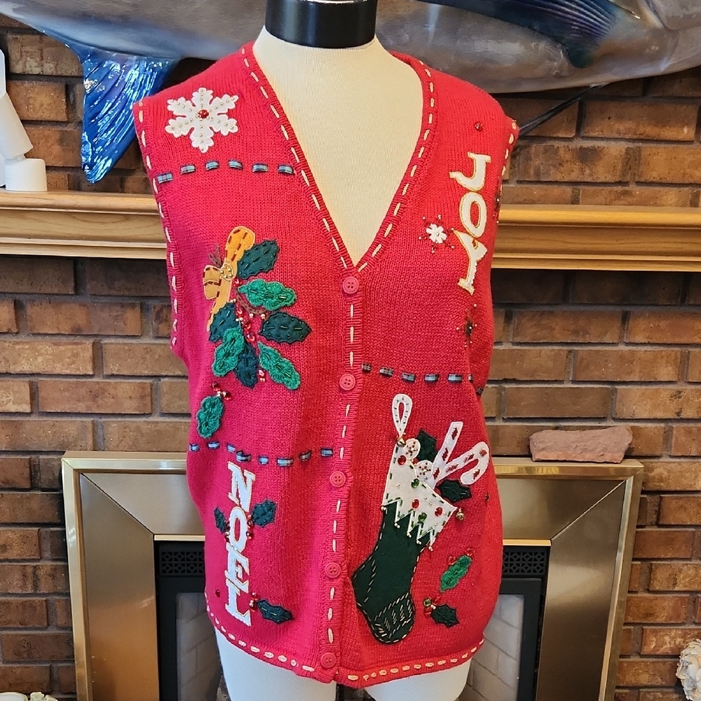 Bobbie Brooks Red Knit Sweater Christmas Joy Noel Stocking L Snowflake ATW Artsy